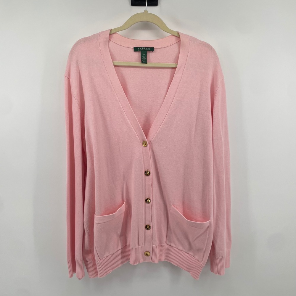 Lauren Ralph Lauren Cardigan Women 3X Pink Cotton V-Neck Gold Button Sweater